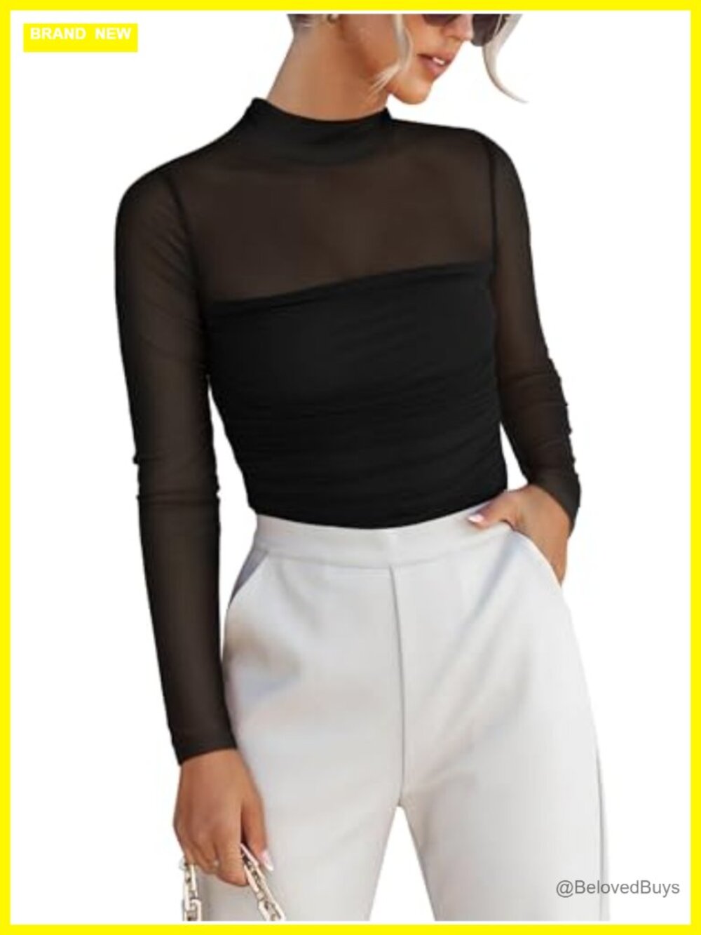 Mesh Long Sleeve Mock Neck Ruched Party Top